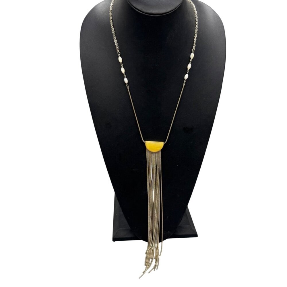 White House Black Market Fringe tassel Necklace Yellow Pendant WHBM